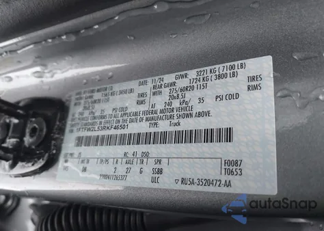 2024 Ford F-150 Stx z USA, uszkodzony, nr VIN 1FTFW2L53RKF46501